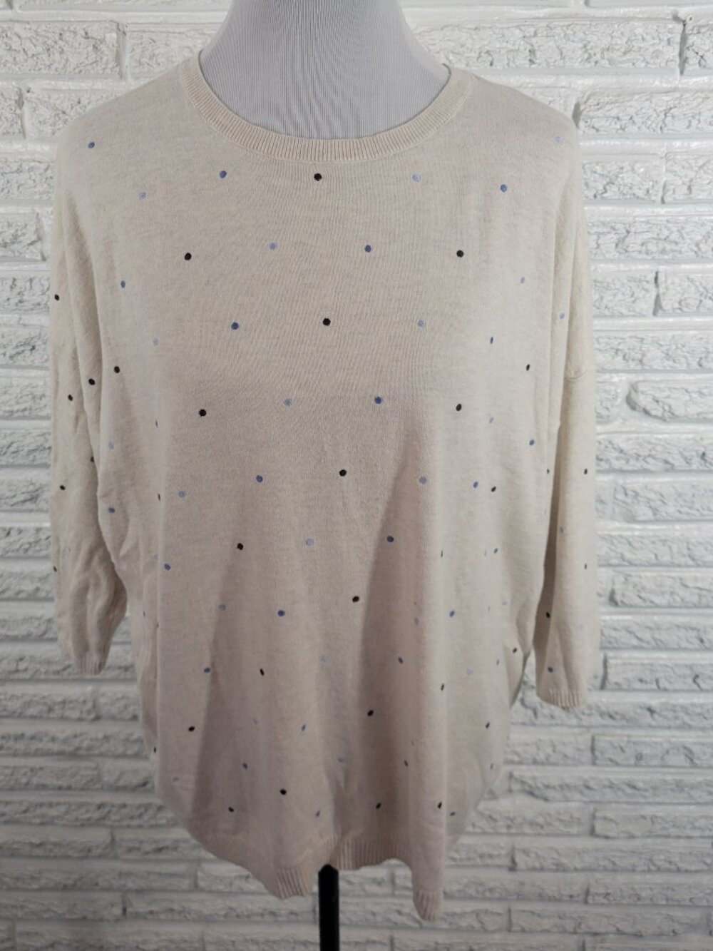 J Jill Sweater XL Cotton Knit Multicolor Polka Dot Crew‎ Neck 3/4 Sleeve GEO9E